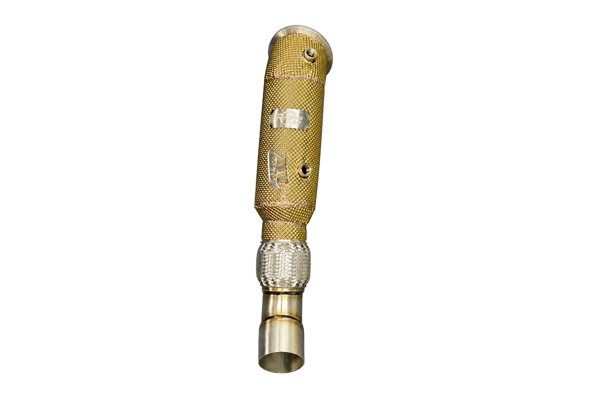 Racing Lab BMW B58 Gen 2 4.5-inch catless downpipe with gold heat shield, front view