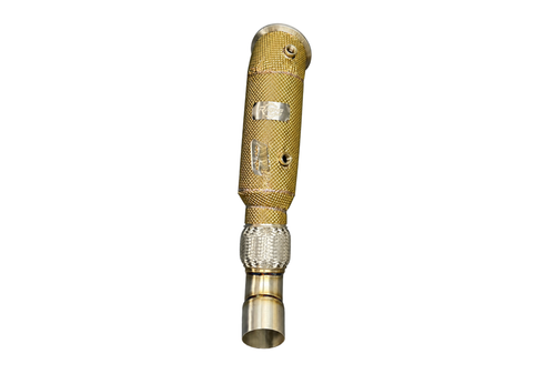 Racing Lab BMW B58 Gen 2 4.5-inch catless downpipe with gold heat shield, front view