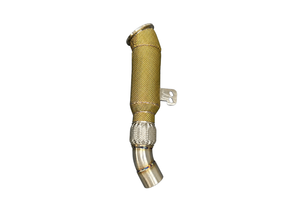 Racing Lab BMW B58 Gen 2 4.5-inch catless downpipe with gold heat shield, rear view